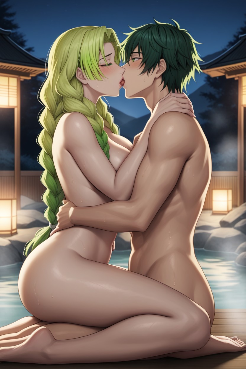 Kissing, Pink And Green Hair, People Hentai AI Porn