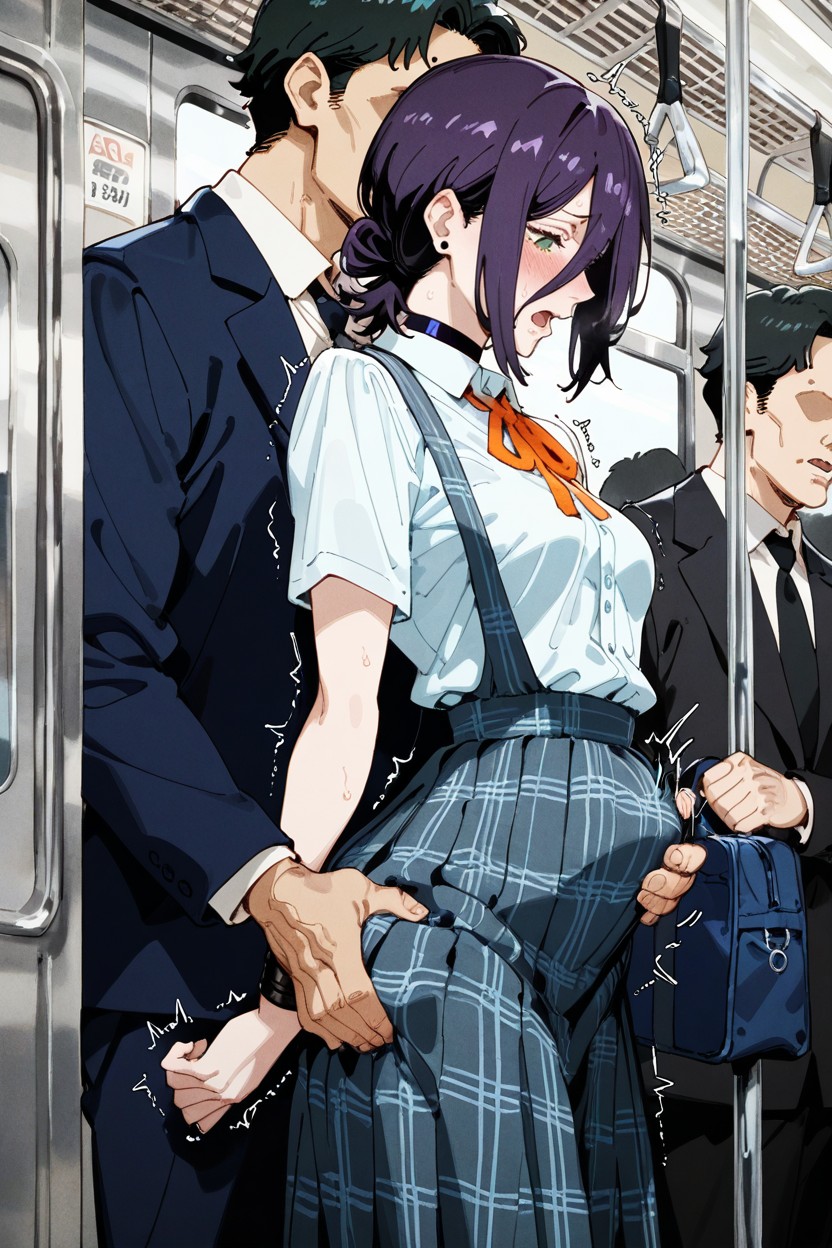 Man Reaching Under Her Skirt, Delicate Features, Side View Hentai AI Porn