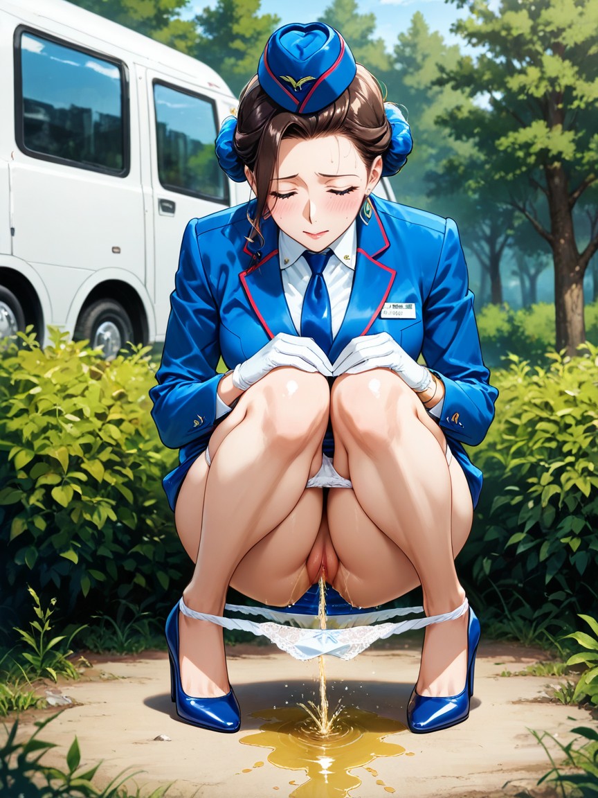 Knees Together Feet Apart, Peeing Near Bush, Dripping Urine Flows Down The Thighs Hentai AI Porn
