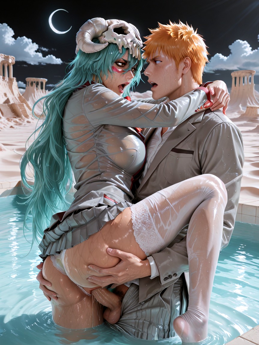 Buttoned Up White Uniform Shirt Underneath, Sweating, Nelliel Tu Oderschwank Is Wearing Wet Full Grey Uniform Blazer With Red Trim Hentai IA