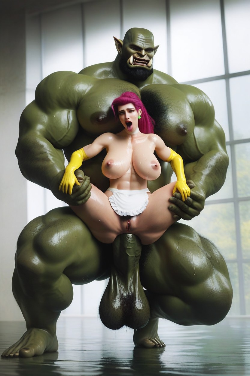 Yellow Rubber Gloves, Man Taller Than The Female, Sagging Testicles Hentai AI Porn