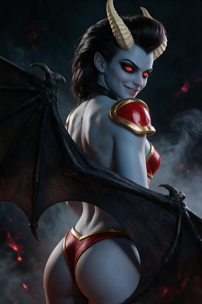 D Cinematic Render Style, Minimalist Red Bikini Armor With Brushed Gold Trim, Stretched Dark Membrane Hentai AI Porn