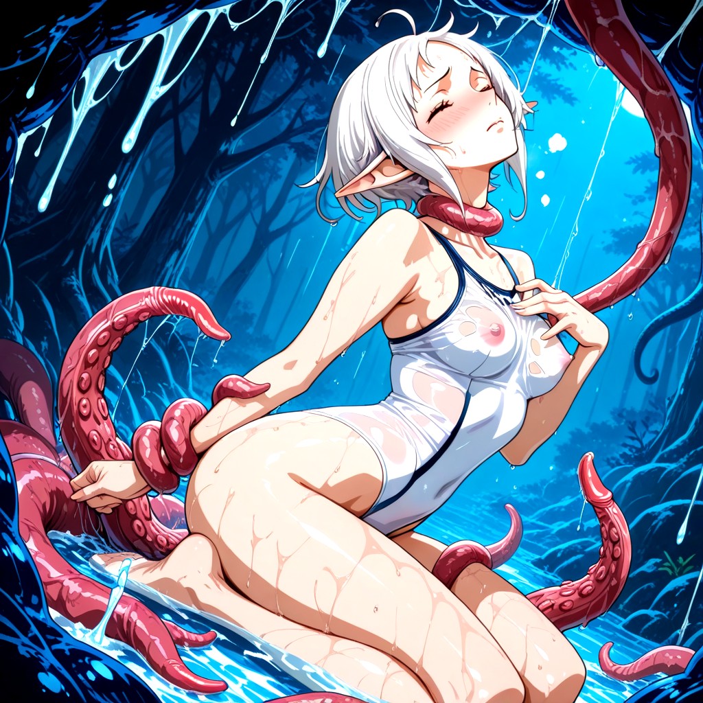 Kneeling, Tentacles Drag Her Inside The Tentacles Maw, Seen Through Wet Clothes Hentai AI Porn
