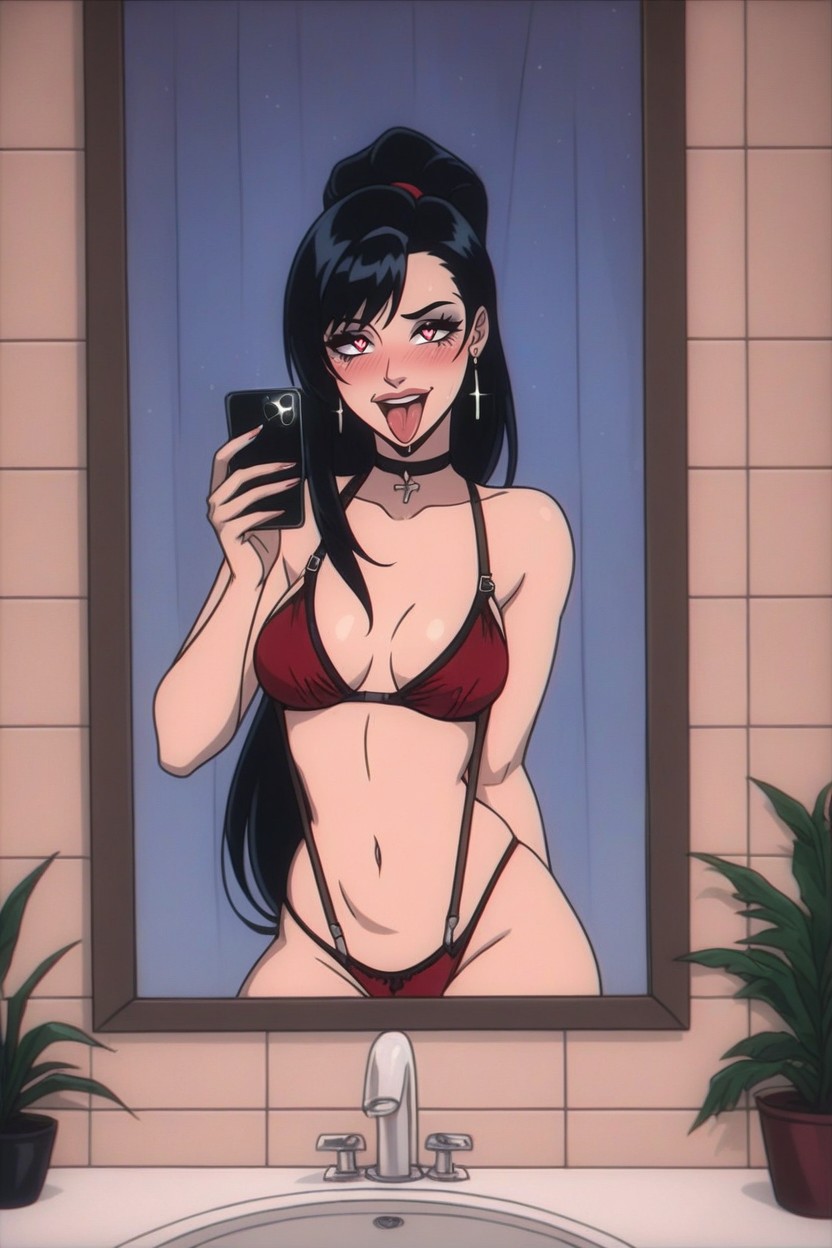 Wearing Sexy Red String Lingerie Bikini With Lots Of Straps, Horny, Slutty Flirtatious Pose Hentai AI Porn