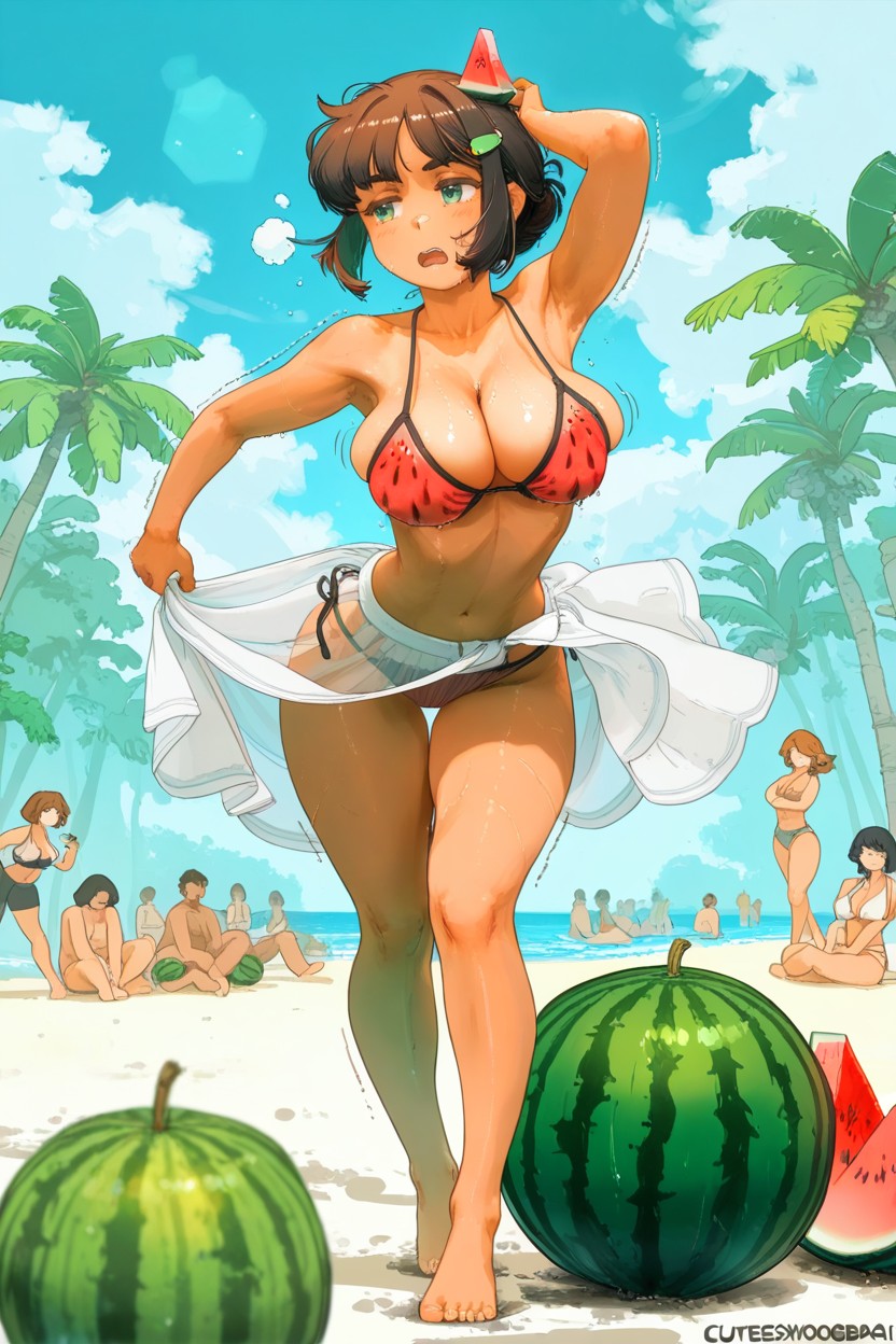Sitting On Top Of Giant Watermelon, Tomboy, Tan Brown Skin Hentai AI Porn