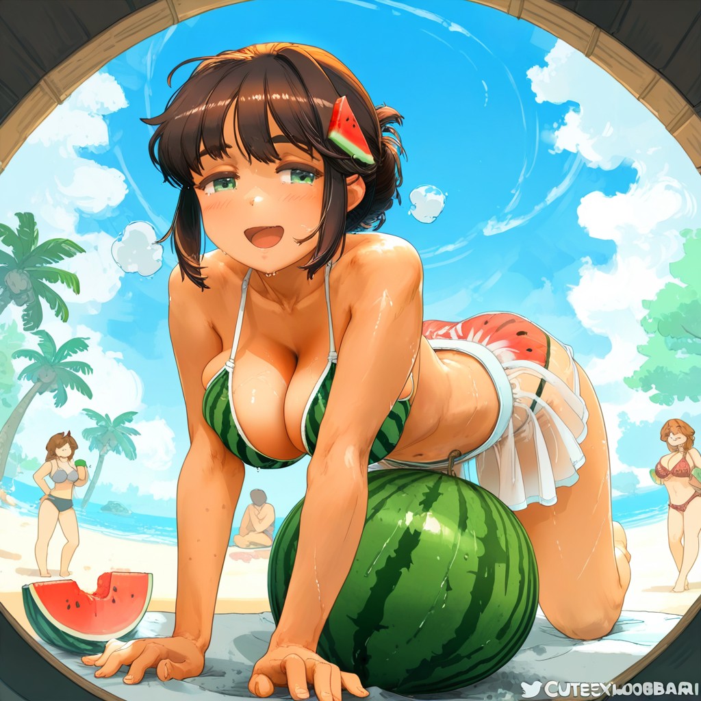 Laying Against Giant Watermelon, Watermelon Pattern Bikini, Panting Hentai AI Porn