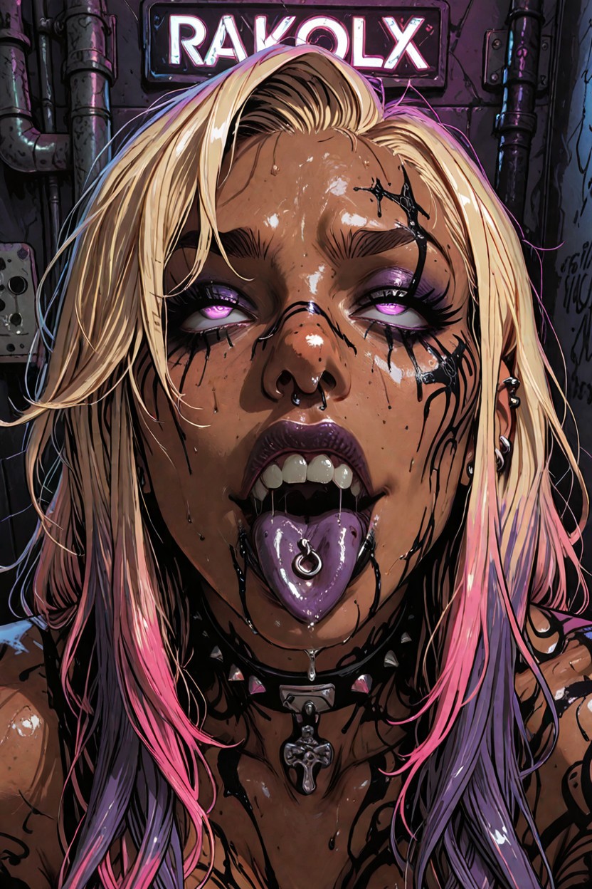 Crazy Bitch Ahegao Face, Ghostly Skin|dark Bronze Skin Contrasted By Smudged, Posing Completely Naked|stripped Bare Hentai AI Porn