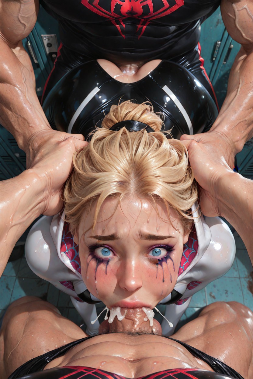 Blush, Cum Covered Penis In Mouth, Masculine Tall Massive Gigantic Man Behind Woman Hentai AI Porn