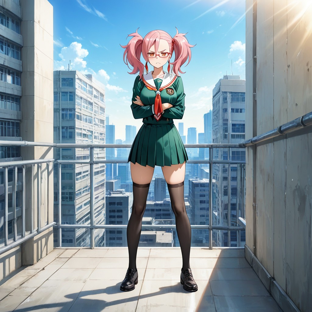 Pink Twin Tails Blowing Naturally In The Breeze, Red Rectangular Glasses, Standing On A University Rooftop Hentai AI Porn