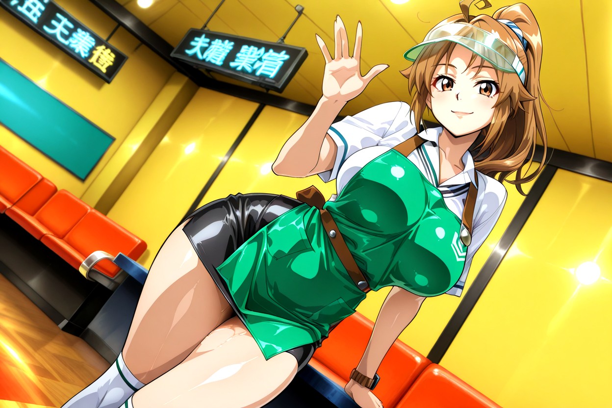 Looking At Viewer, In Large Bowling Hall, Polished Light Oak Wooden Floor Hentai AI Porn