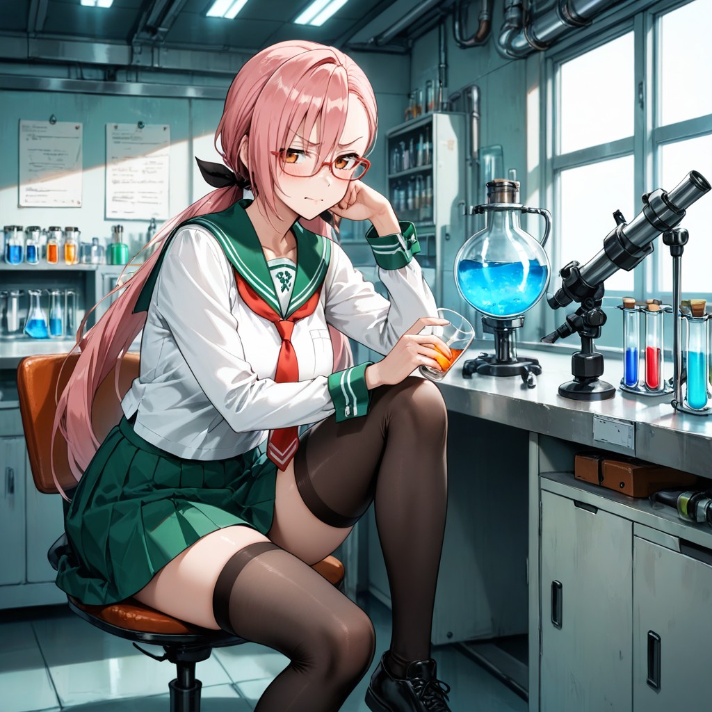 Sailor Uniform, Mini Skirt, Sitting At A Table Inside A Cozy University Lab Hentai AI Porn
