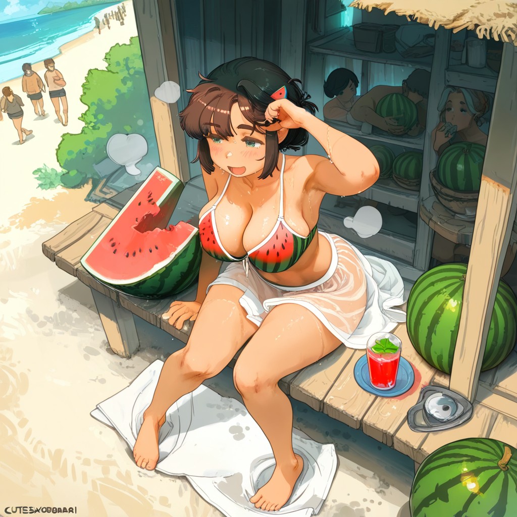 Gigantic Watermelon, Bokeh, See-through Skirt Hentai AI Porn