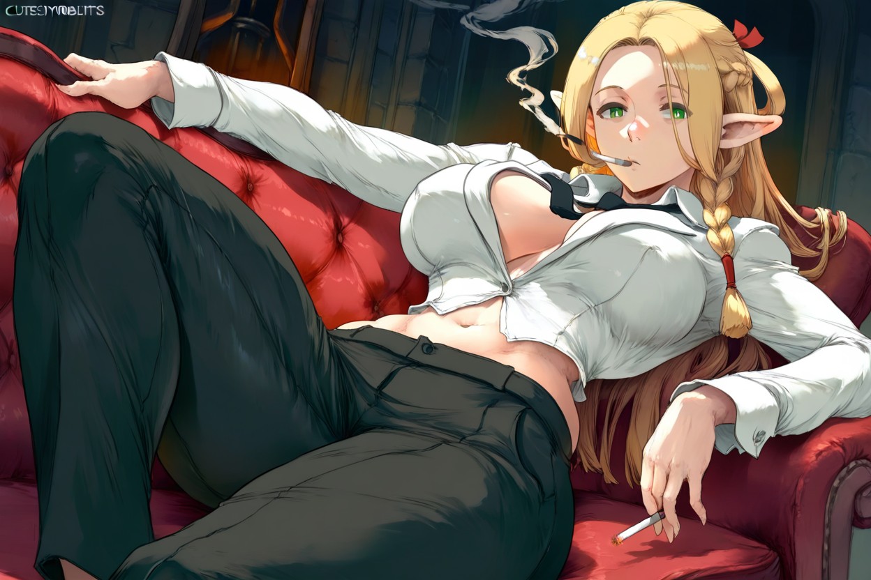 Cinched Waist, Exposed Female Midriff, Lit Cigarette In Mouth Hentai AI Porn