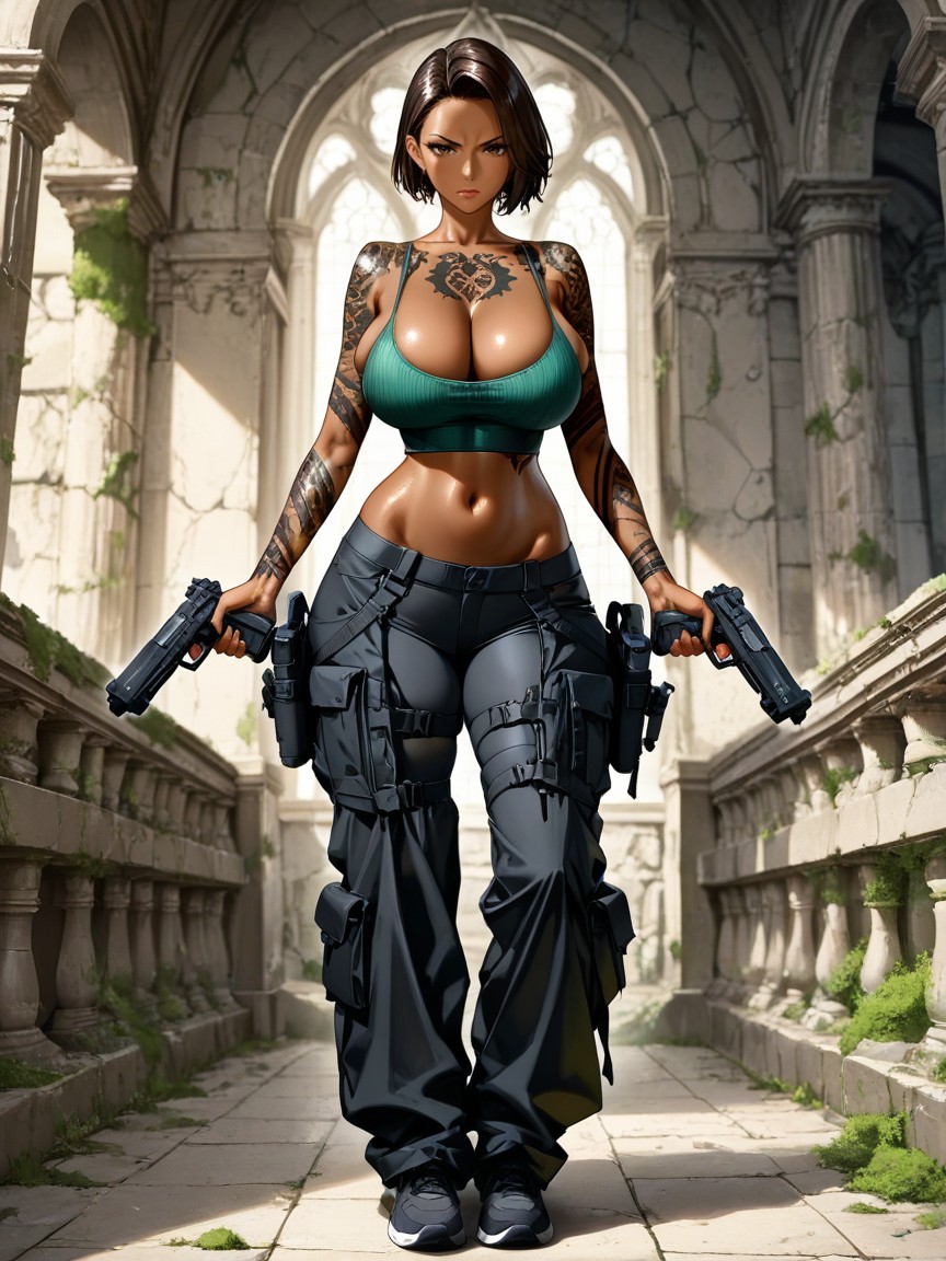 Cinematic Atmosphere, Dynamic Casual Dual Pistol Pose, Drab Green Clothing Hentai AI Porn