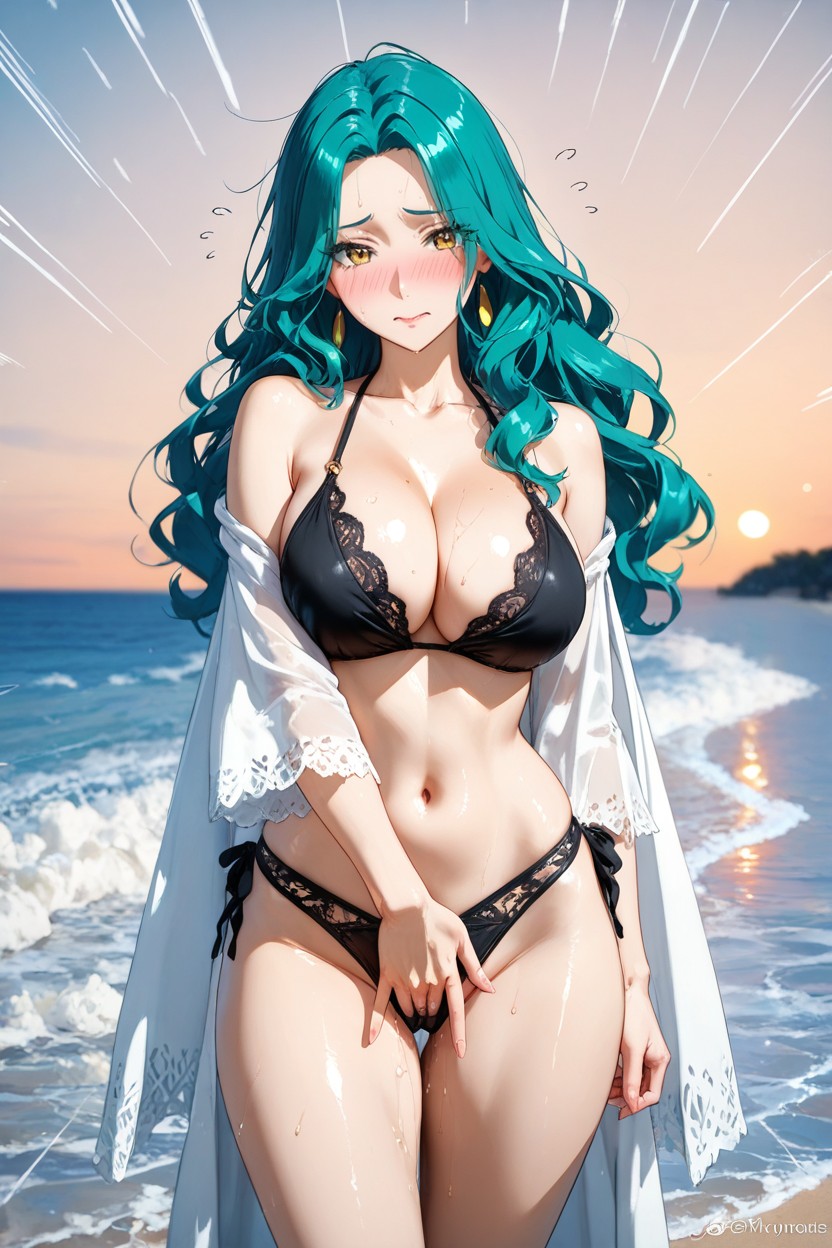 Harmonious Proportions, Turquoise Ocean, Embarrassed Expression Hentai AI Porn