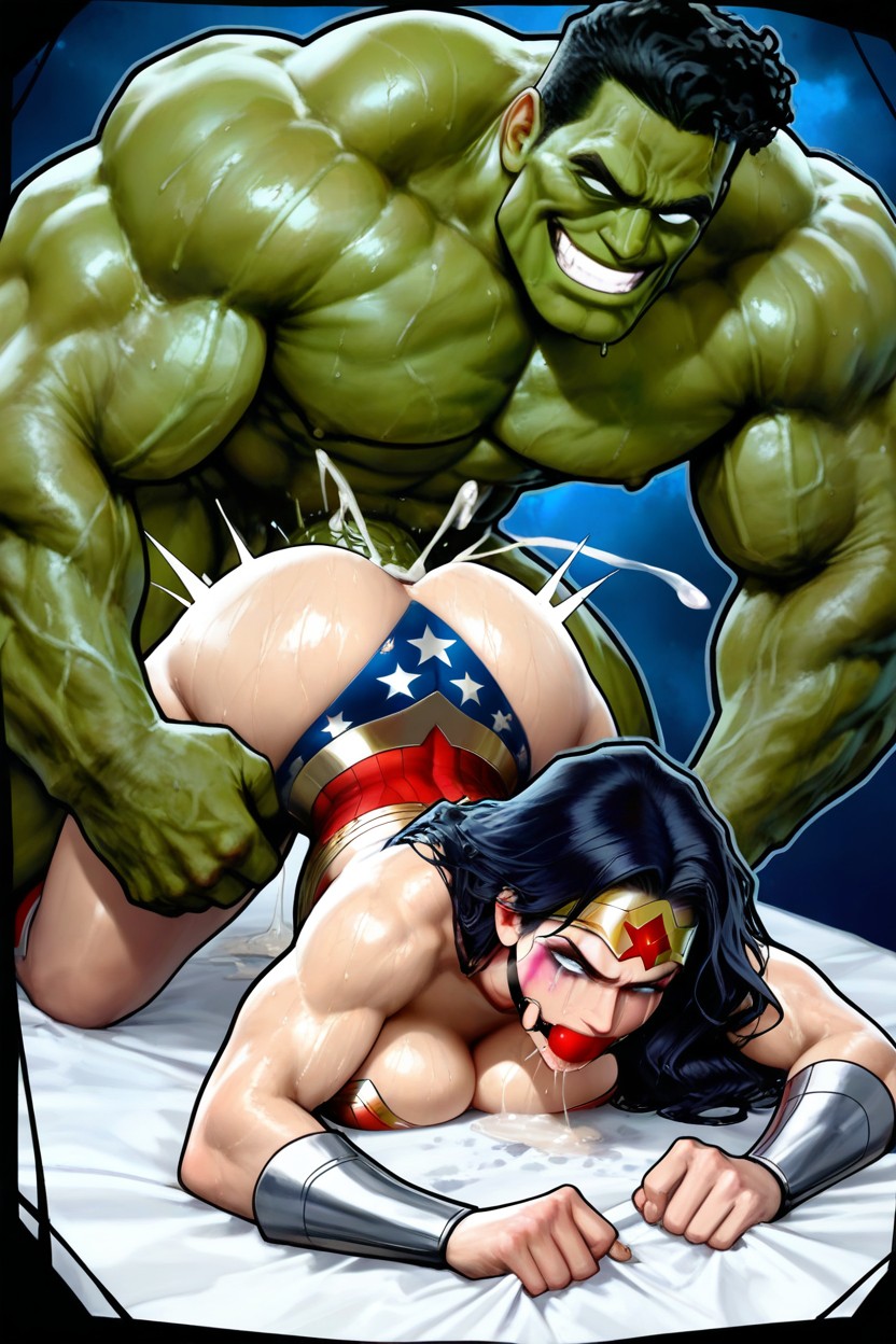Biting Down Hard Onto The Ballgag, Inusen Art Style, Humongous Girthy Cock Hentai AI Porn