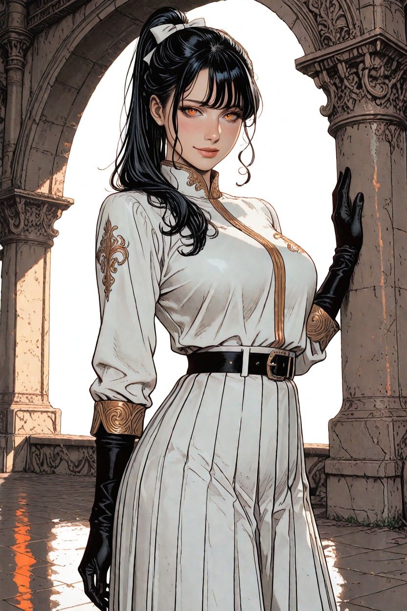 18+, Black Long Gloves, Pleated White Skirt Hentai AI Porn