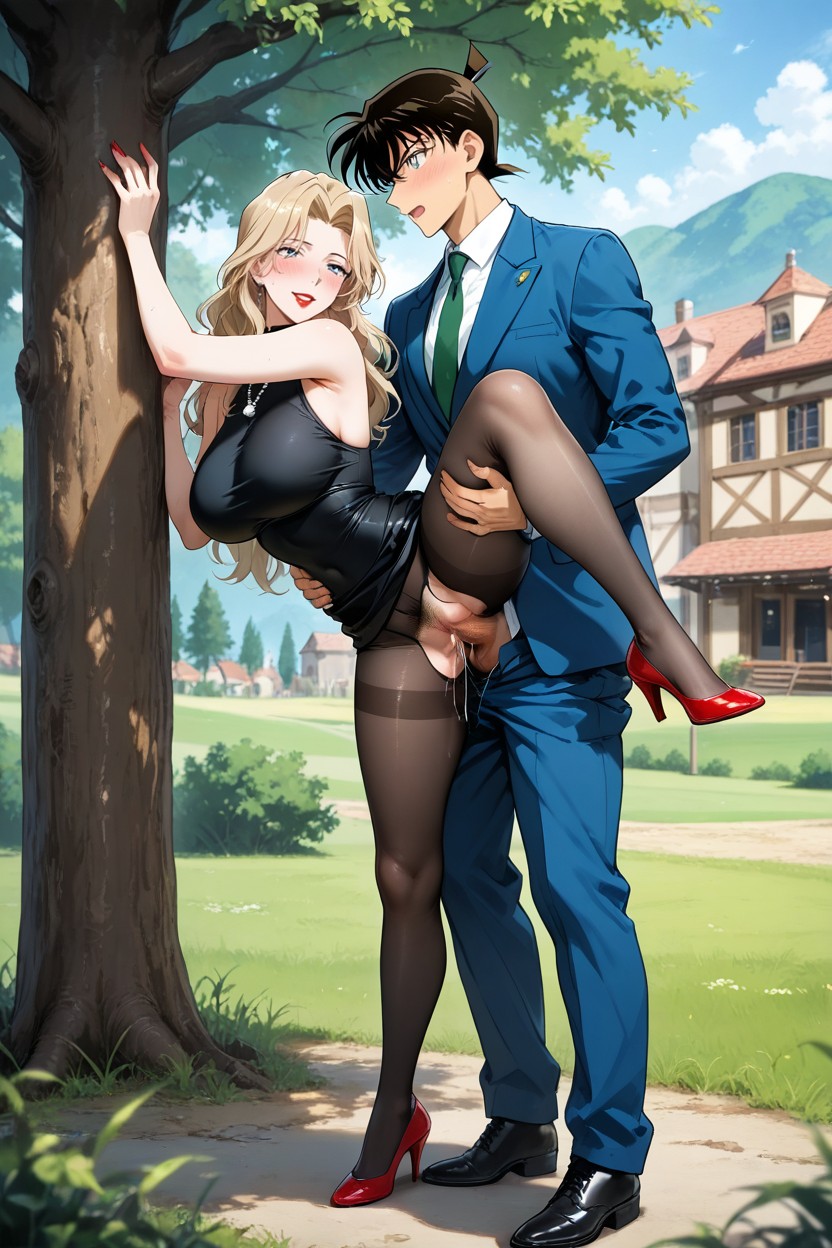 European Village, Spooning Sex, Wearing Black Sleeveless High-neck Top Hentai AI Porn