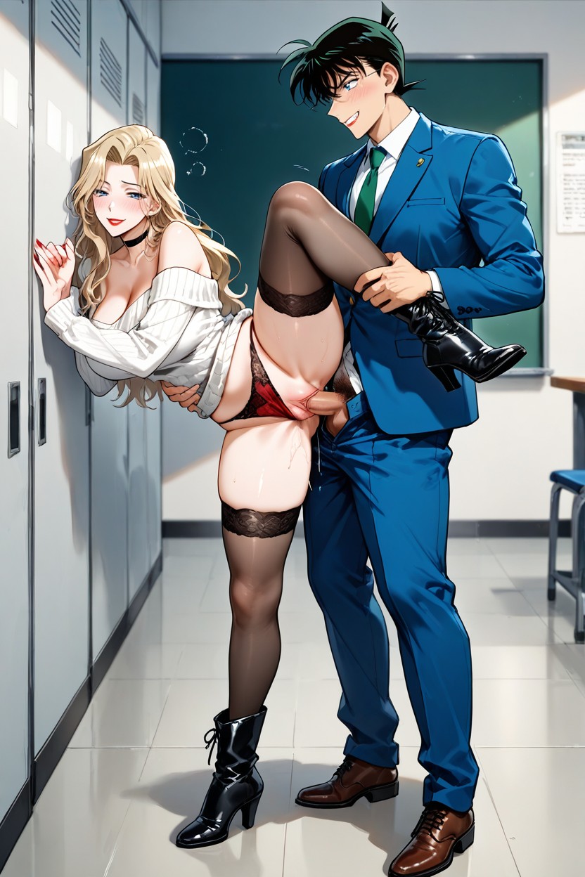 Spooning Sex, Black Thigh-high Stockings, Horny Hentai AI Porn