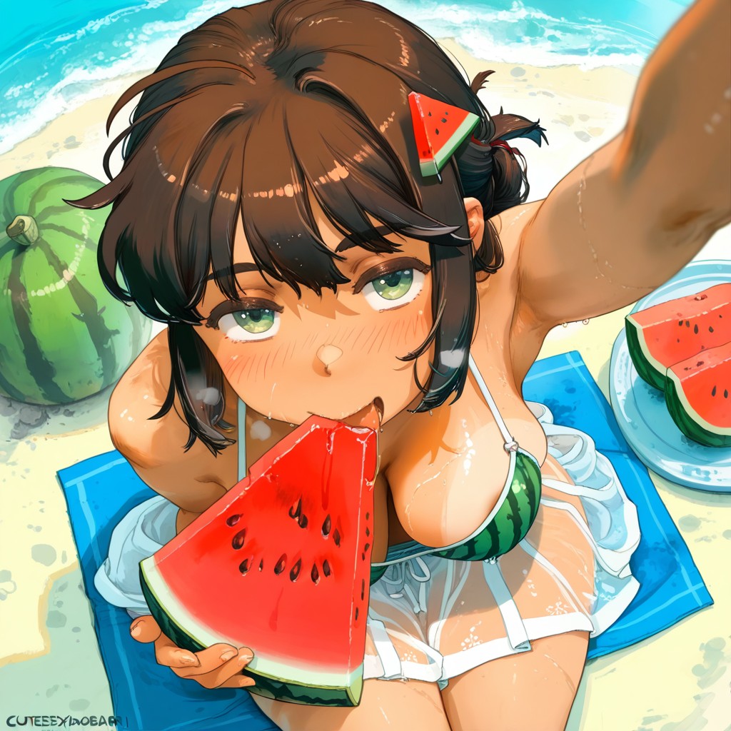 Drinking Watermelon Juice, Wet, Medium Breast Hentai AI Porn