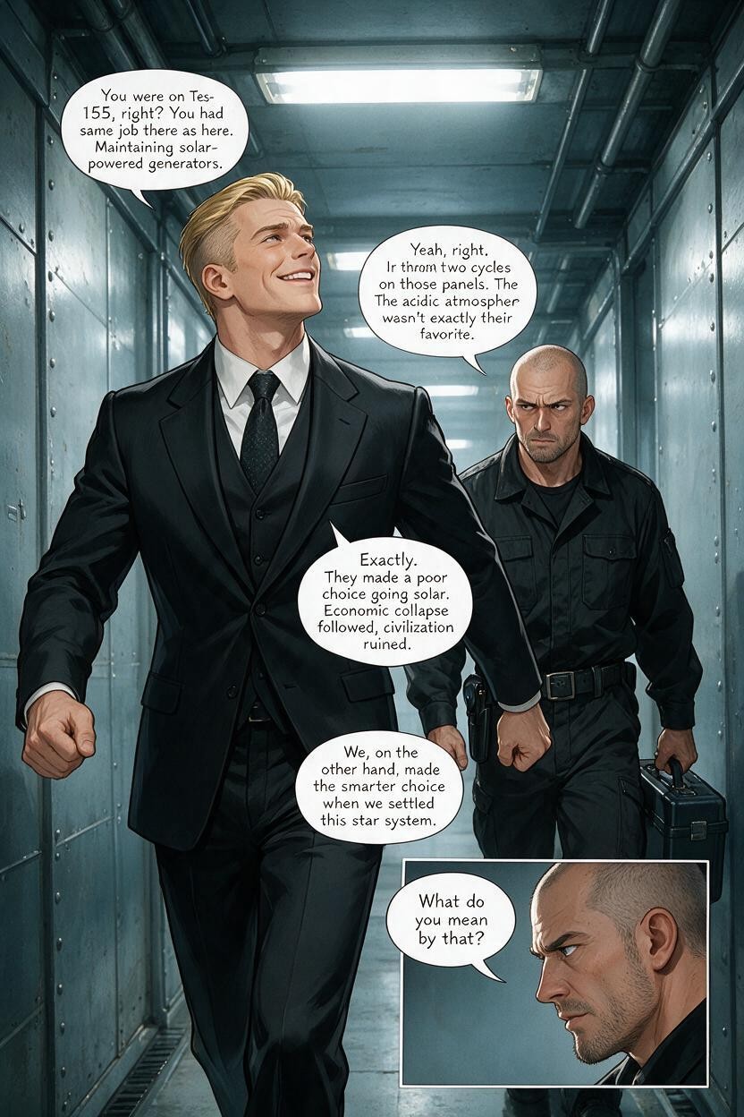 Suspicious Eyes A Speech Bubble Contains The Text "what Do You Mean By That?", Made The Smarter Choice When We Settled This Star System" --- Panel Lower Right Corner, His Head Slightly Tilted Back And To The Right He Is Smiling Confidently Behind Him Hentai AI Porn