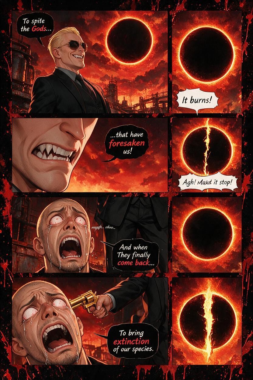 Showing Sharp Fangs In The Background Red-orange Sky, / Height A Massive Black Sun With A Glowing Orange Rim Fills Nearly The Entire Panel A Vertical, / Width Hentai AI Porn