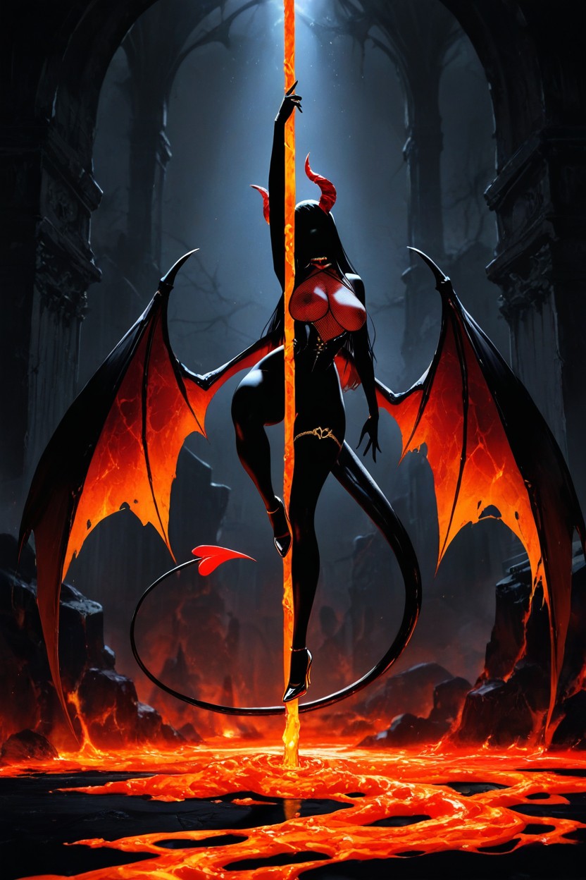 Dramatic Shadows, Dynamic Pole Dance Style Pose, Large Detailed Bat-like Wings Spread Hentai AI Porn
