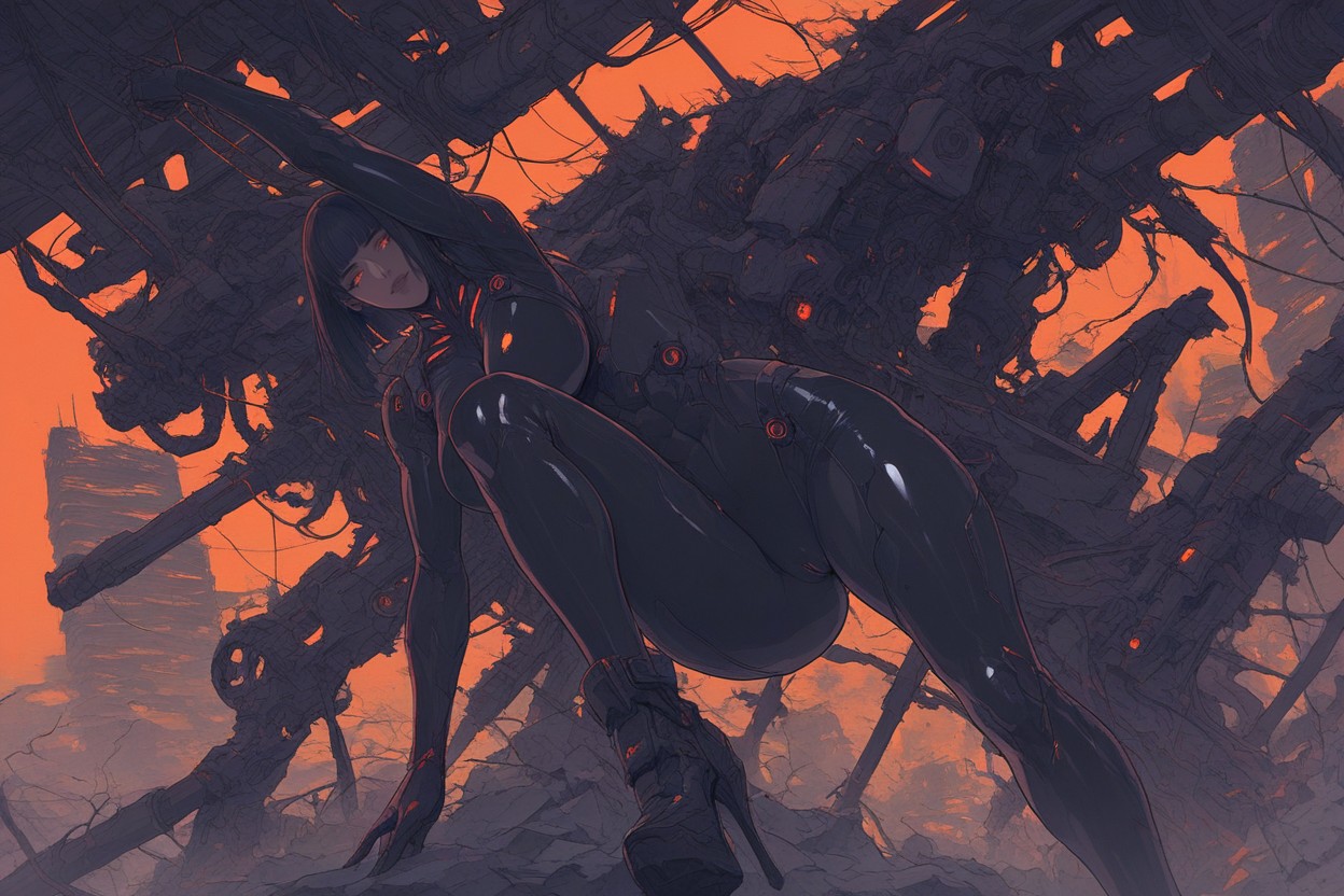 Detail Face, Hanging Wires, A Futuristic Female Cyborg Or Android In A Sleek Hentai AI Porn