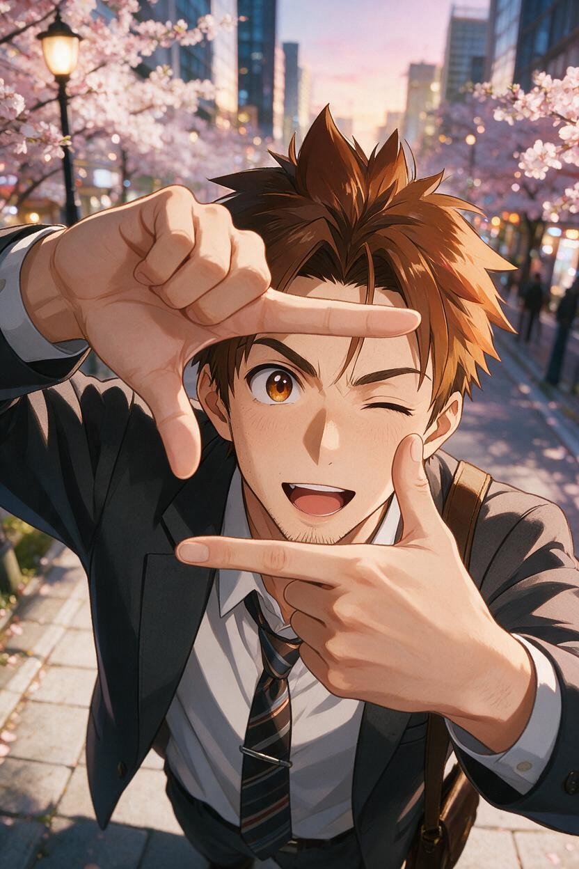 Soft Cinematic Framing Finished With A Warm, Prominent Middle Parted Spiky Hair Bangs Slightly Covering His Forehead, Dramatic Hues Of Twilight Atmosphere Reflecting In The Eyes Hentai AI Porn