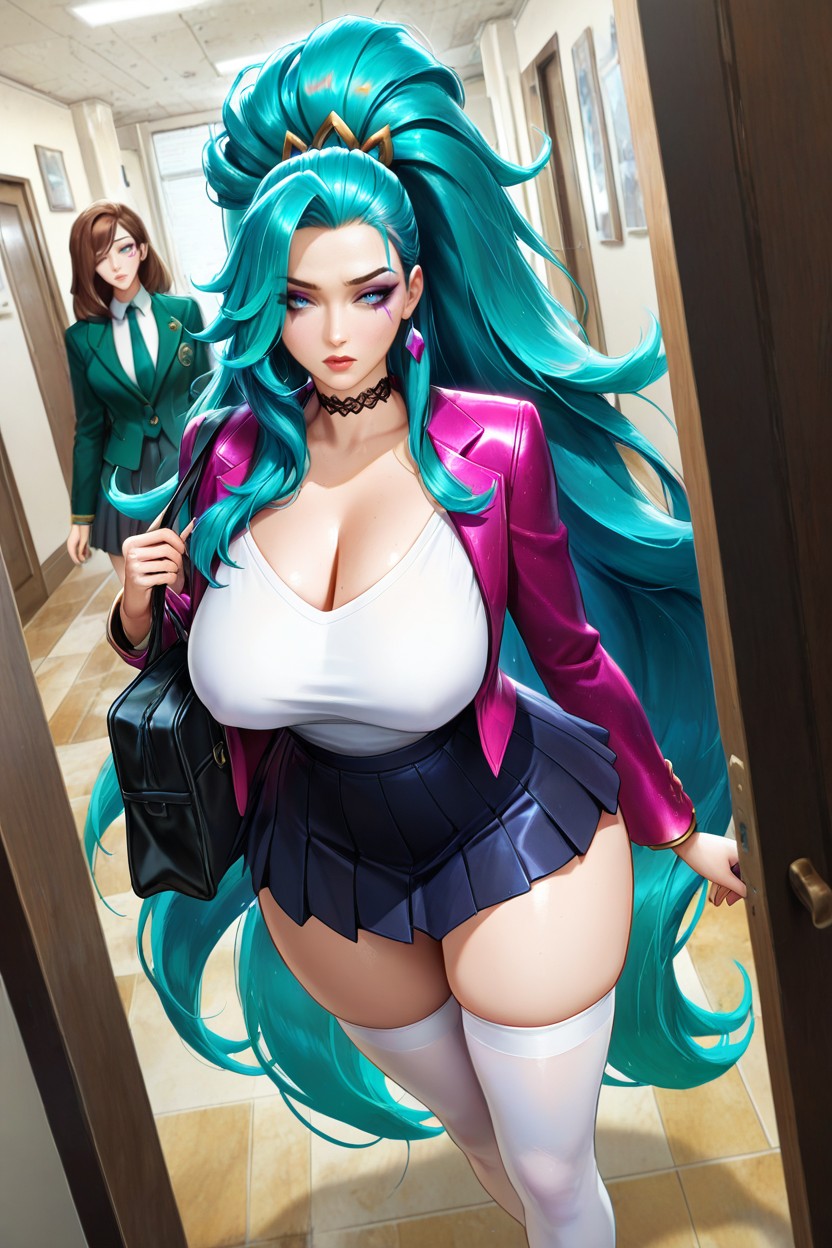 Black Pleated Skirt, Medium Ass, Intense Teal Green Hair Hentai AI Porn