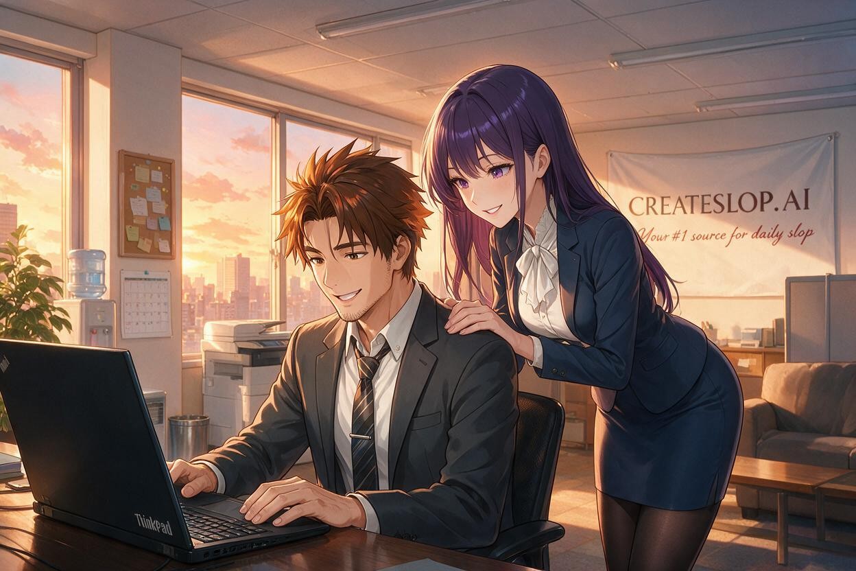 18+, Nostalgic Golden Sunset Glow, Black Silky Stockings Cinematic Wide Shot Showing Detailed Office Interior And Furniture A Large Potted Plant Is Placed Next To Some Table Hentai AI Porn
