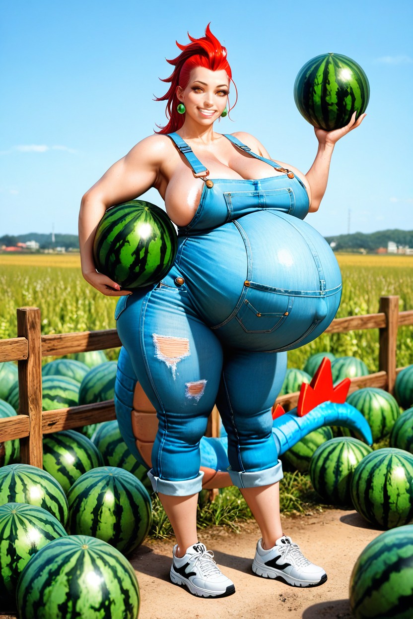 Amber Eyes, Holding Watermelon, Blue Dragon Skin Hentai AI Porn