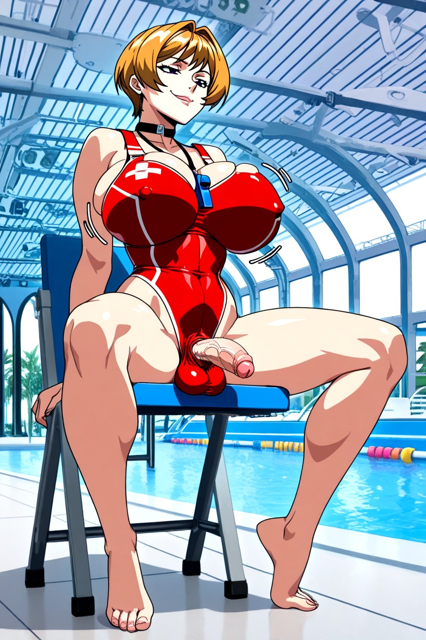 Futanari, Smug Futanari Milf With Ginger Hair, Lifeguard Uniform Hentai AI Porn