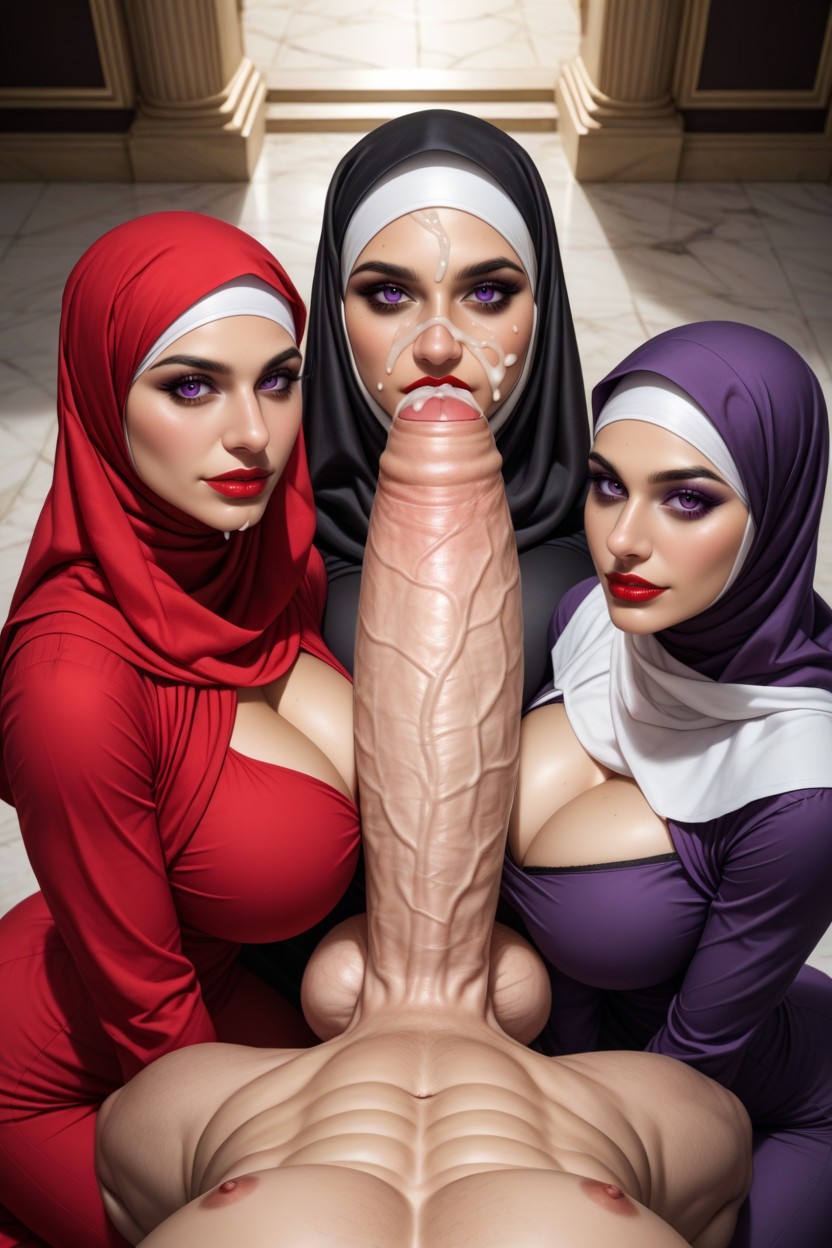Three Arab Hijab Women Massive Girthy Veiny Hyper Cock With Foreskin, Harem, Black Colour Blouse Hentai AI Porn