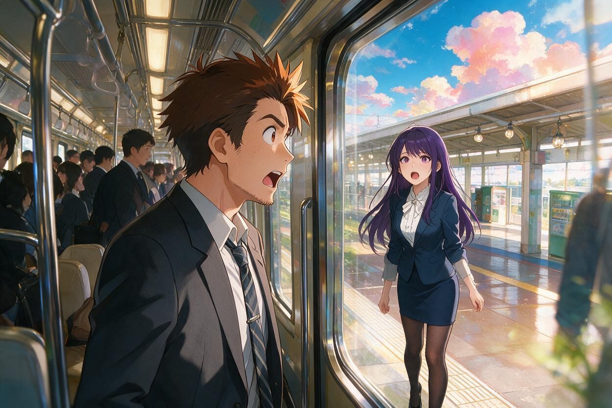 Zero Interior Depth, Facing Sideways Toward The Platform He Has A Surprised Expression, Wide Open Eyes Hentai AI Porn
