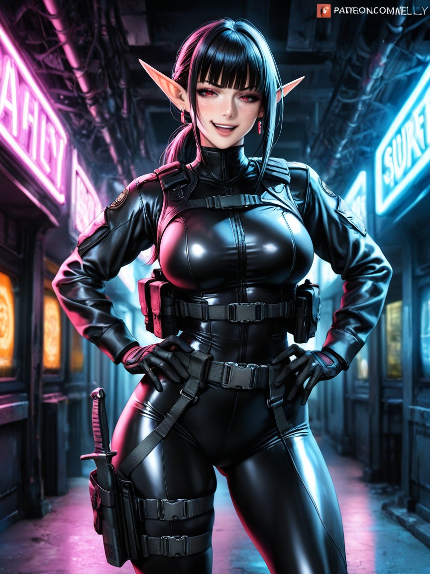 Smug Expressions, Black Tactical Vest With Pouches, Neon Light Hentai AI Porn