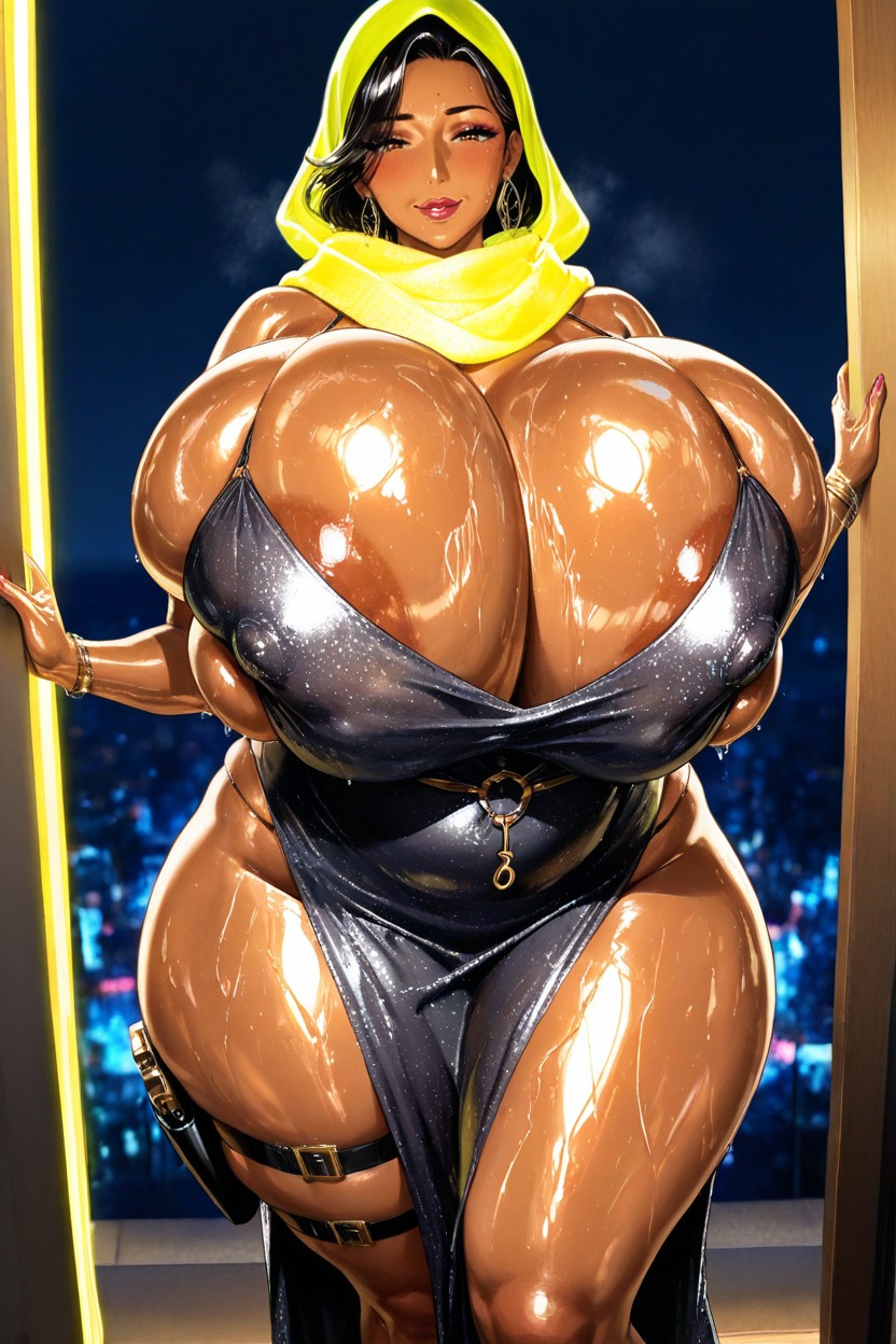 Sweaty, Oiled Skin, Ruched Or Draped Fabric Around The Waist/hips For Added Shape Glossy Body Hentai AI Porn