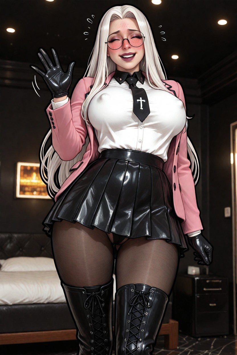 Red Face, White Tight Shirt, Forward Pose Hentai AI Porn