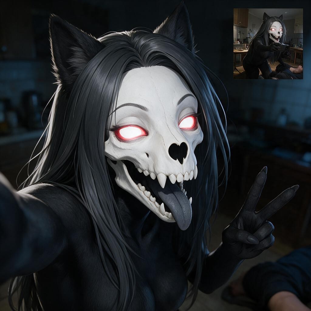 Completely Framing Her Skull Mask Her Body Features Smooth Charcoal-black Matte Skin She Is Positioned Above A Person Lying On The Floor, Softly Blurred Indoor Kitchen Environment At Night Style Smooth D Animation Render, Scp- Hentai AI Porn