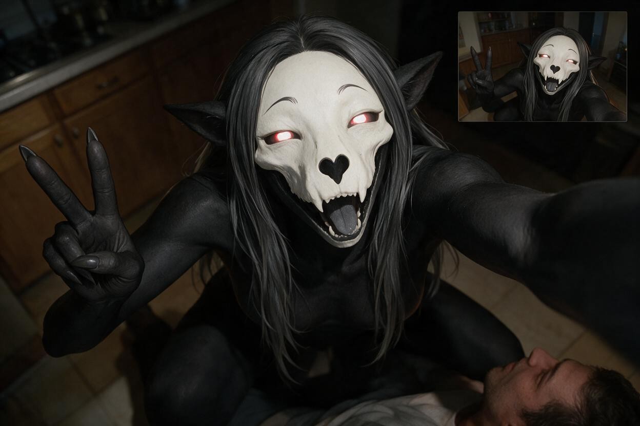 Female Anthro Scp-, A Handheld Low-light Selfie Photograph Taken From An Extreme High Angle Diagonal Perspective Looking Down, Creating A Near Upside-down Skull Angle In The Upper-right Corner Hentai AI Porn