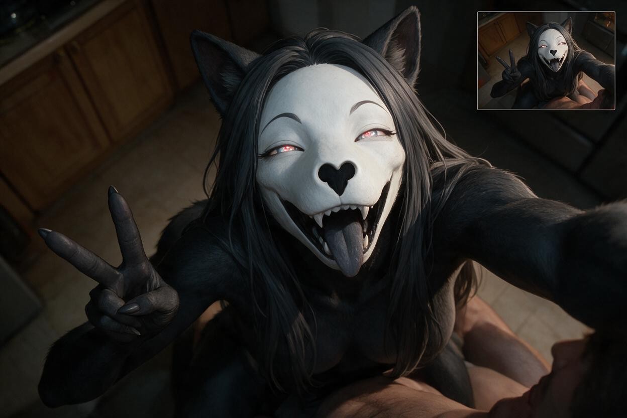 18+, Smooth Dark Grey-and-black Hair Drapes Heavily Across The Front Of Her Torso And Curves Under Her Chin Due To The Tilted Posture, Whose Shoulder And Side-profile Head Are Partially Visible In The Bottom-right Corner Her Right Arm Reaches Forward Holding The Device Hentai AI Porn