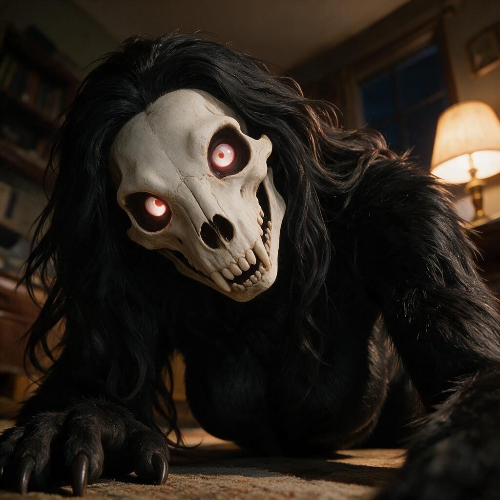 Rendered In Sharp Focus On Her Skull Face With A Softly Blurred Background, And Voluptuous Proportions, Matted Black Fur Hentai AI Porn