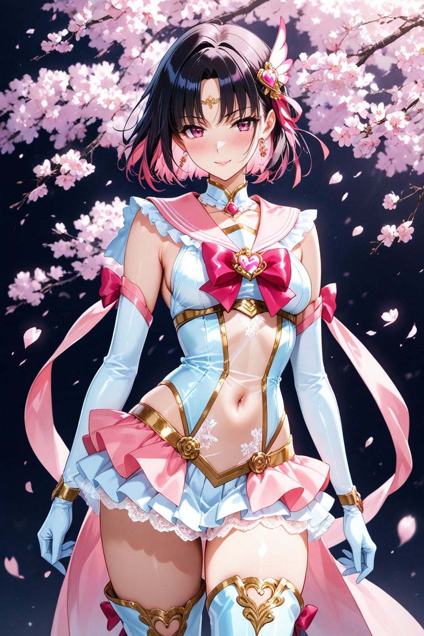 High-thigh Boots, Ornate Cherry Blossoms And Gold Embroidery Pattern, Hair Ornament Hentai AI Porn