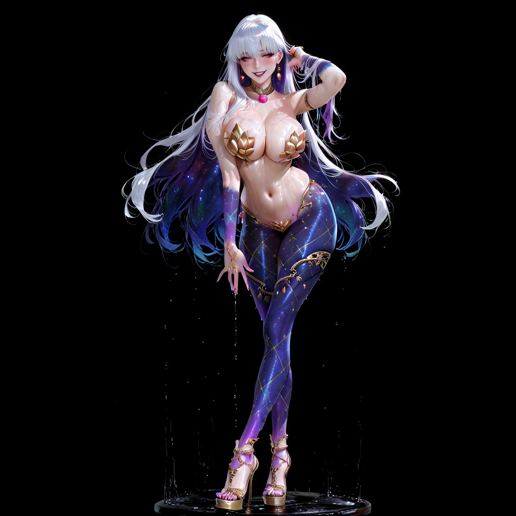Blushing Cheeks, Underboob, Long White Multicoloured Hair Hentai AI Porn