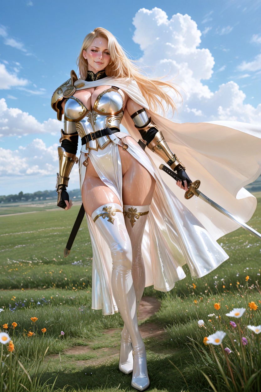 Vice Guildmaster Red White Gold Armor, Fingerless Gloves, Green Grass Field Hentai AI Porn