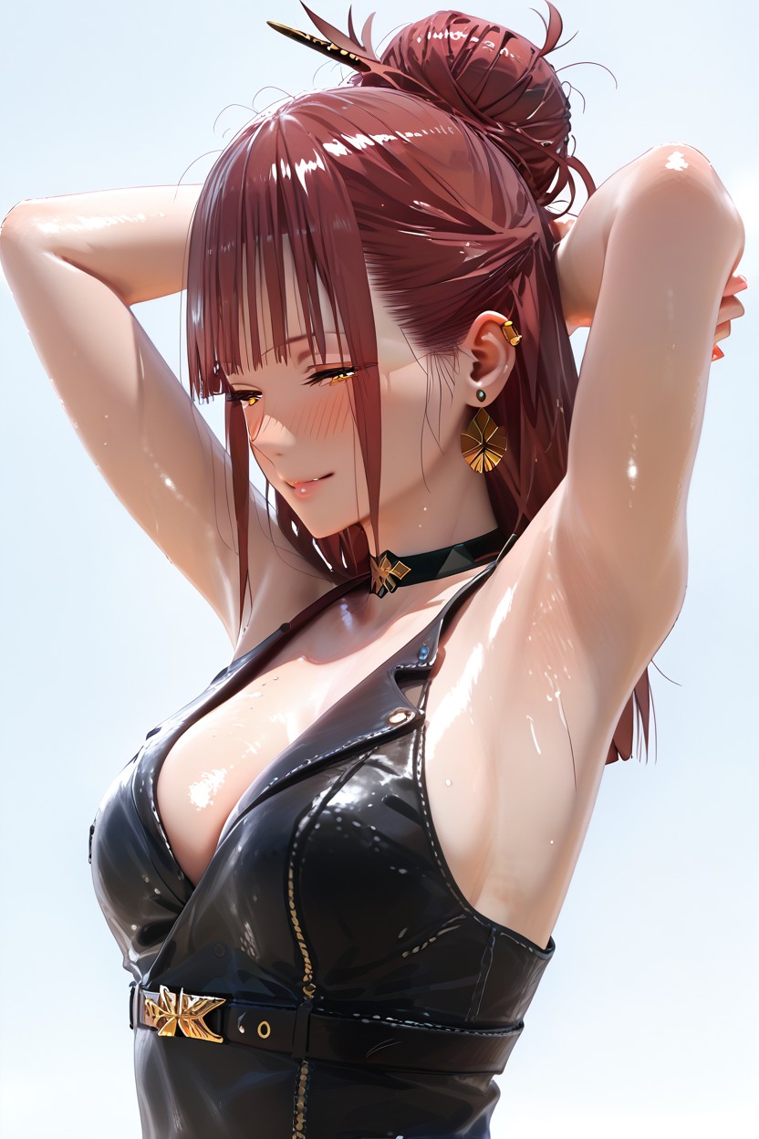 Lush Supple Skin, Cleavage, Open Black Leather Jacket Hentai AI Porn