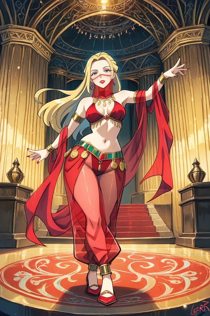 Curved Arabian Shoes, Oleana Belly Dancer Mouth Veil, Front View Hentai AI Porn