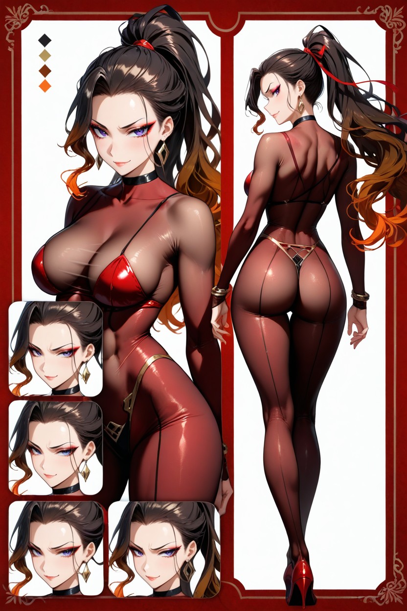 Wavy Hair, See-through Bodystocking, Arched Eyebrows Hentai AI Porn