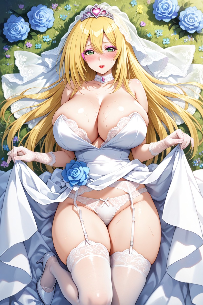 In A Field Of Pink And Blue Flowers, Frilly Lace Panties, Wedding Dress Hentai AI Porn