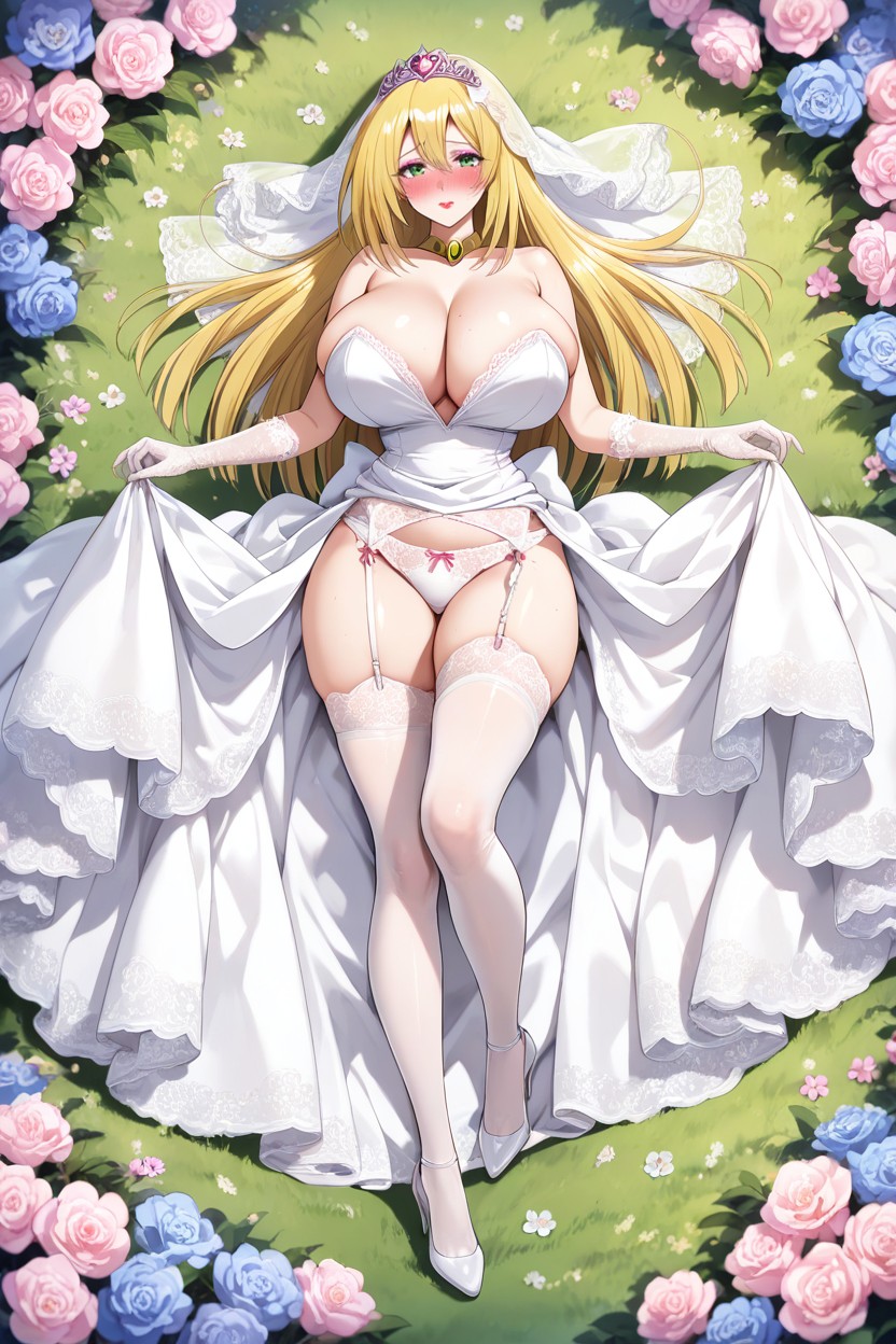 Elegant, Gold Choker With Pink Gem In The Center, White Lace Gloves Hentai AI Porn